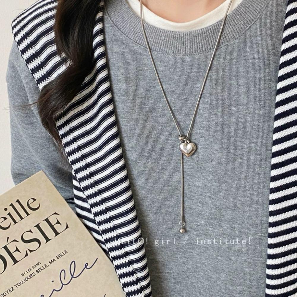 Personality Silver Color Stainless Steel Heart Pull Adjustable Pendant Necklace for Women Charm Y2K Long Collar Jewelry No Fade