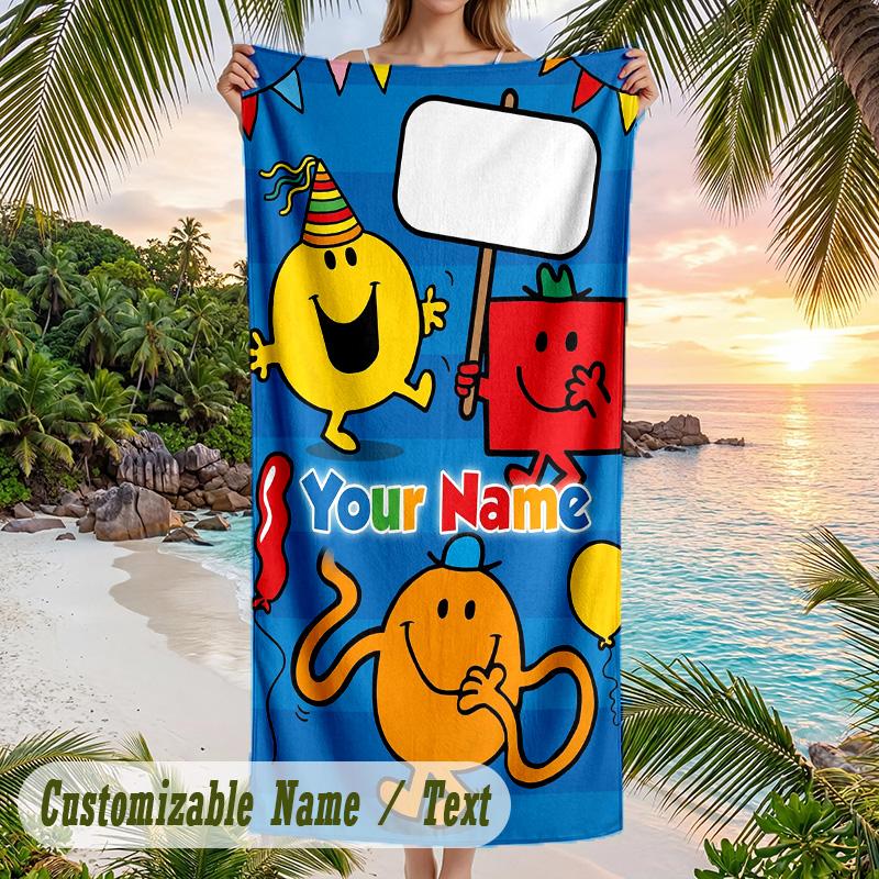 Mr. Men & Little Miss Beach Towel, Personalized Custom Text, Quick Dry Soft Large Towel For Swimming Pool Travel