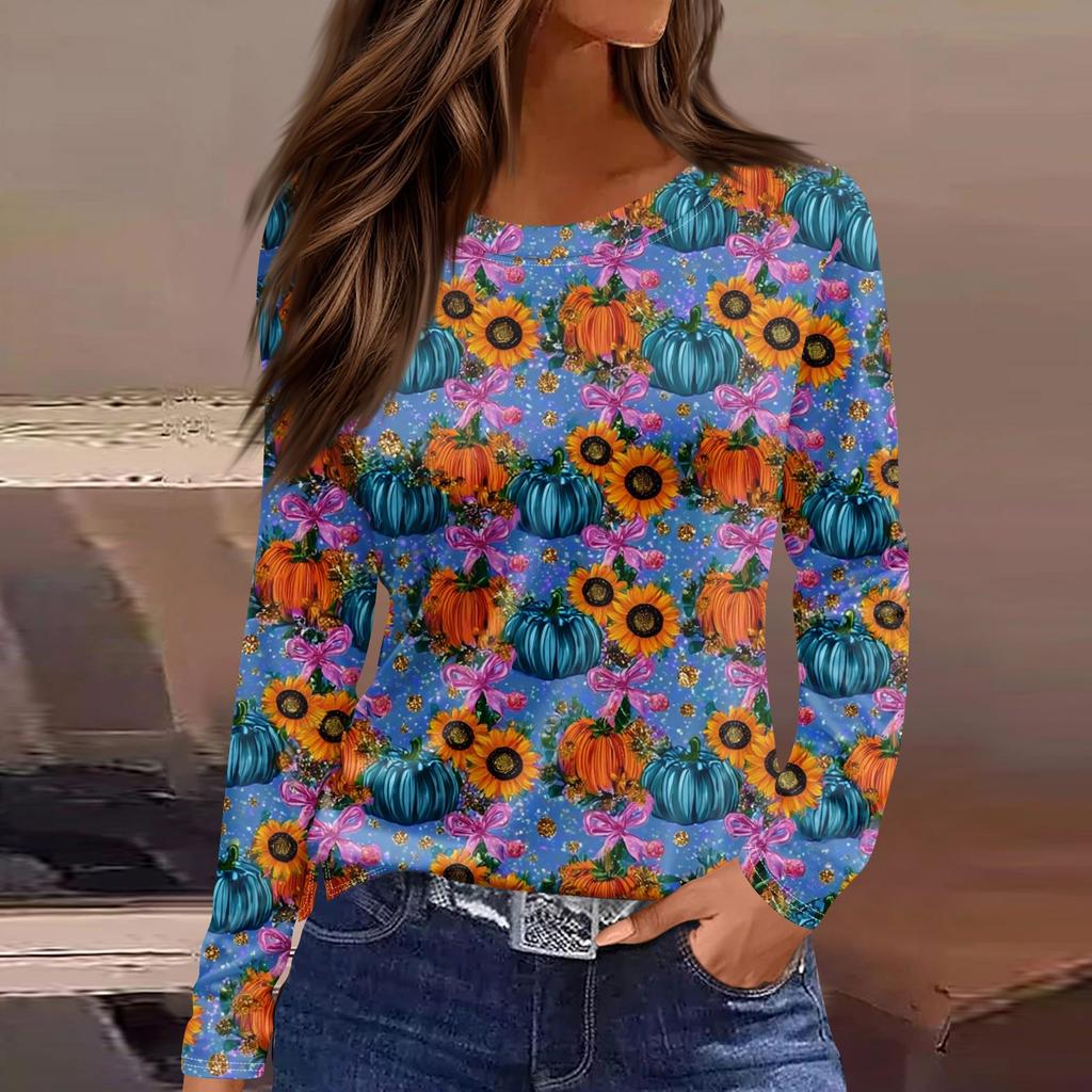 Damenmode Saumschlitz Lässig Halloween-Print Rundhals Langarm Oberteil