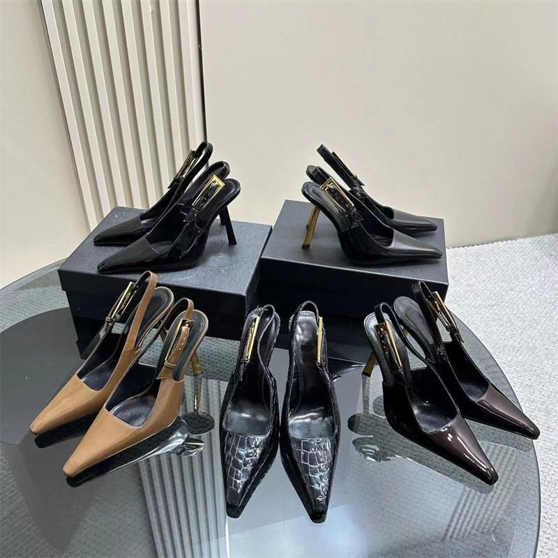 Fashion Star Style Fashion Patent Leather Women Pumps Summer Square Toe Metal Buckle Slingbacks Elegant Thin High Heels Dress Shoes