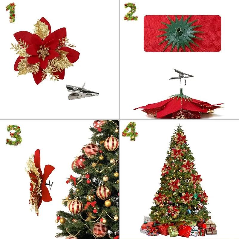 14cm Glitzer Künstliche Weihnachtsblumen Weihnachtsbaumschmuck Frohe Weihnachten Dekorationen für Zuhause Neujahrsgeschenk