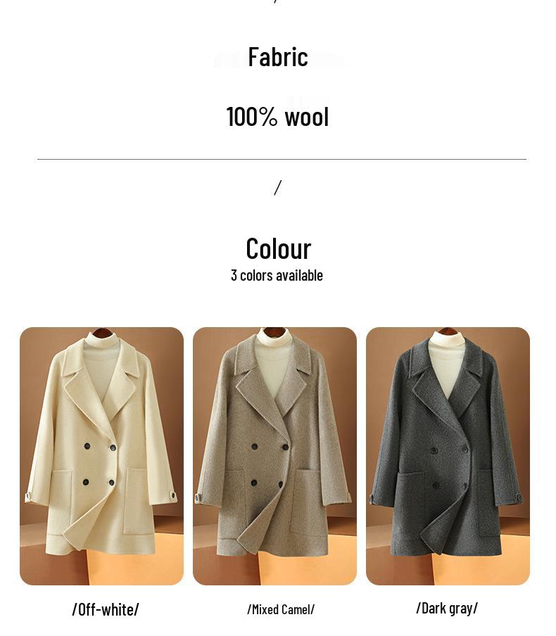 Women's Petite Double-Breasted Mid-Length Lapel Wool Coat - Versatile for Autumn/Winter