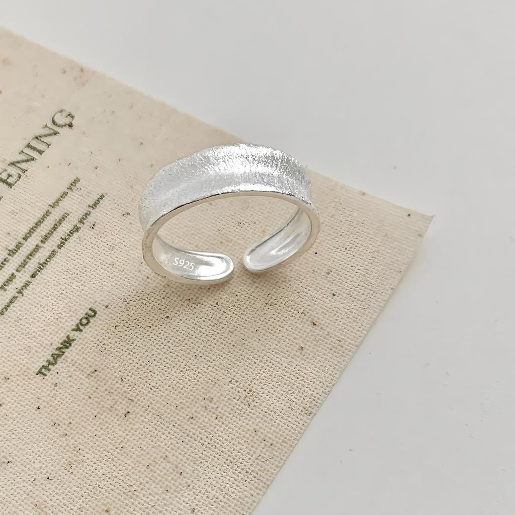 PANJBJ 925 Silver Frosting Geometry Ring for Women Wide Texture Versatile Handmade Ins Jewelry Gift