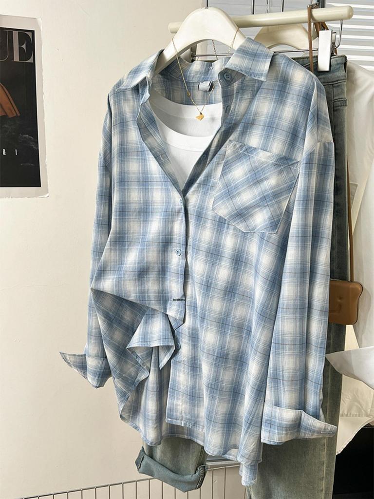 Women's Blue & White Plaid Long Sleeve Retro Shirt - Loose, Layered Versatile Casual Top for Early Autumn