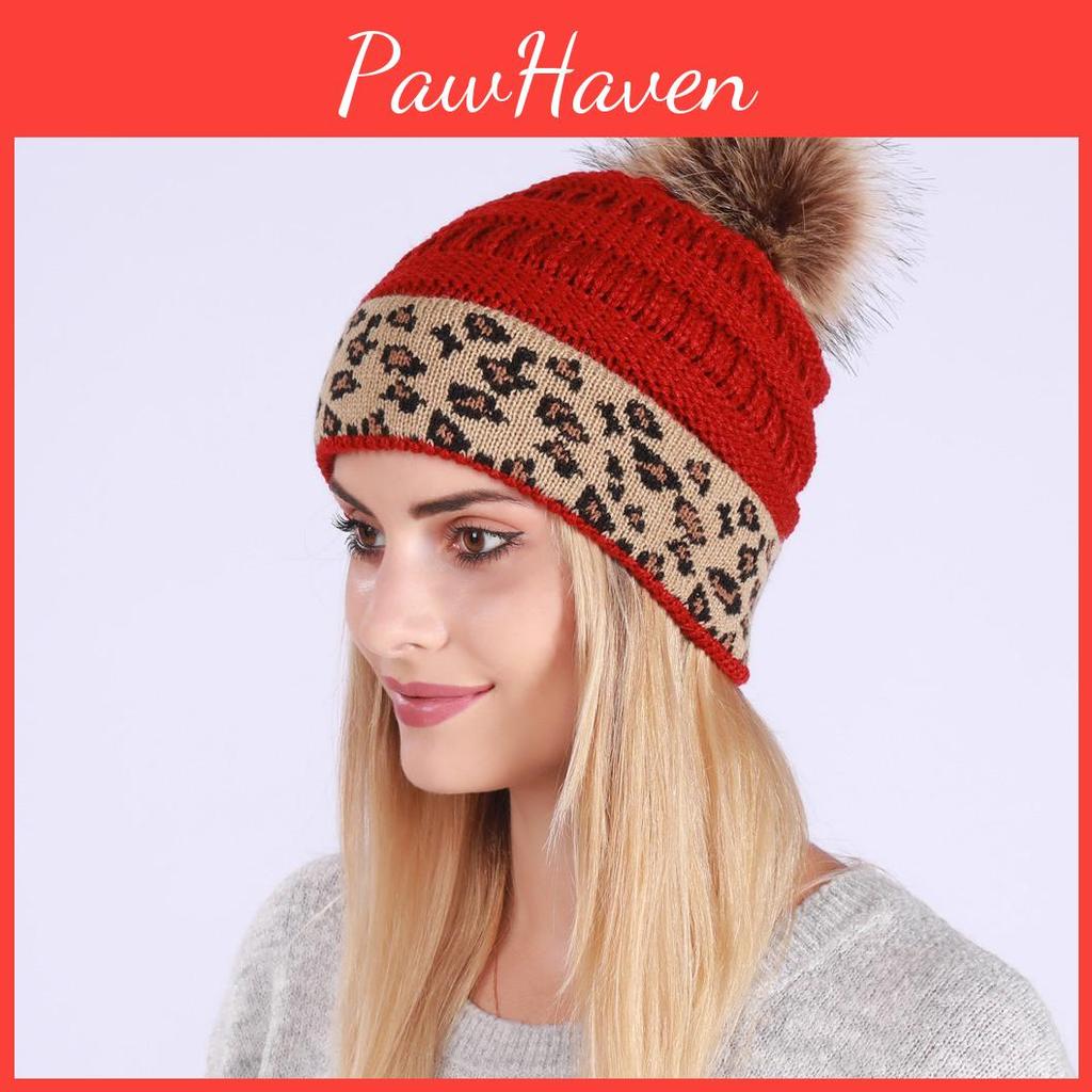 Efterår Vinter Varme Fortykket Dame Strikket Uld Leopard Pels Hat