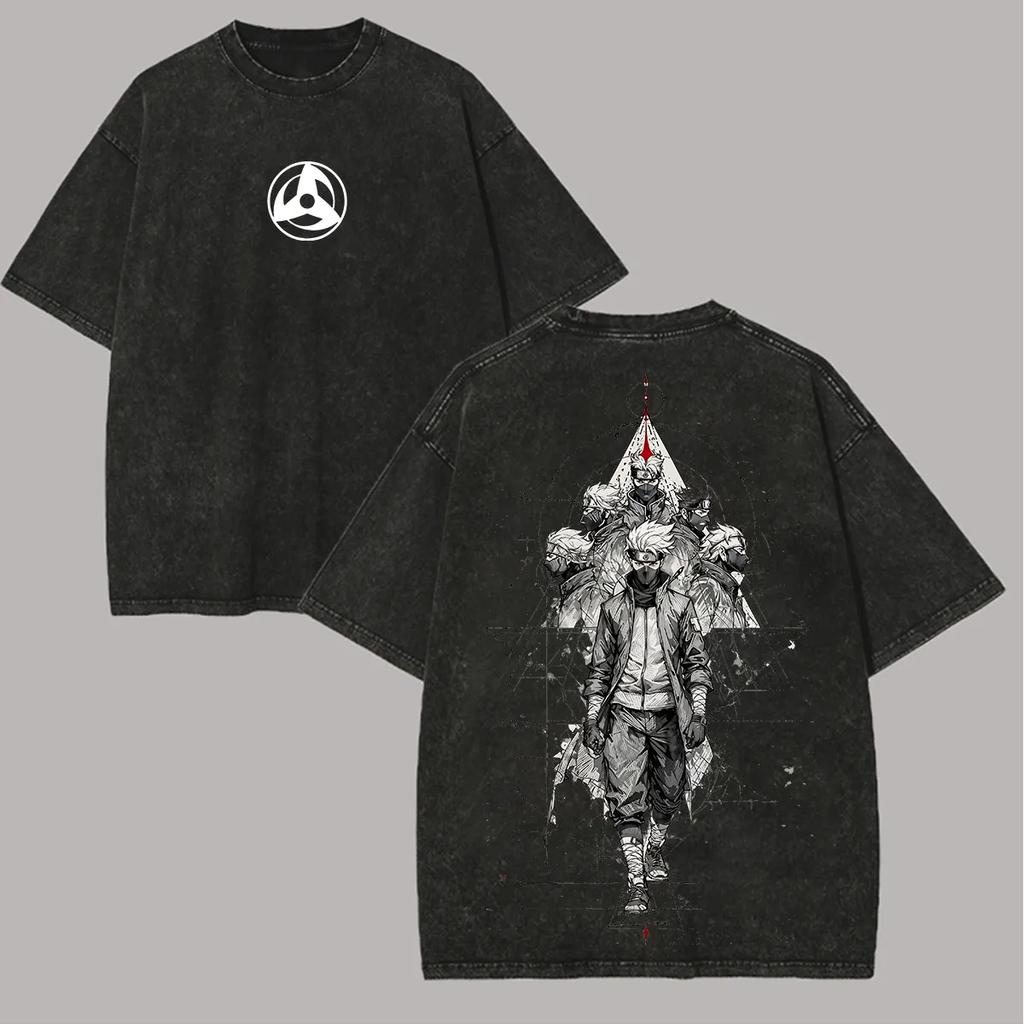 Kakashi Hatake T Shirt Naruto Men Acid Wash Back Print Sharingan Anime Graphic Cotton Streetwear Manga Ninja Vintage Bootleg Tee