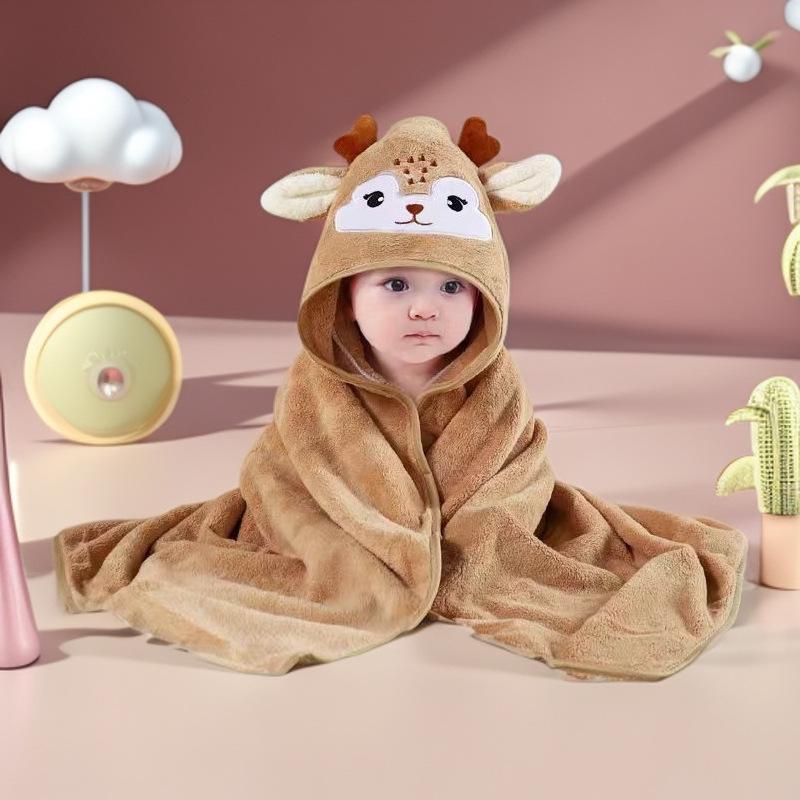 Cartoon Hooded Baby Swaddle & Bath Towel - Coral Fleece, Absorbent, Embroidered, Newborn To Toddler