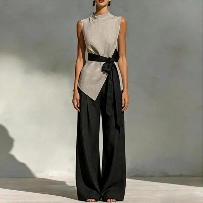 Women's Lace Sleeveless Contrast Color Suit Top + Wide-leg Pants Two-piece Set