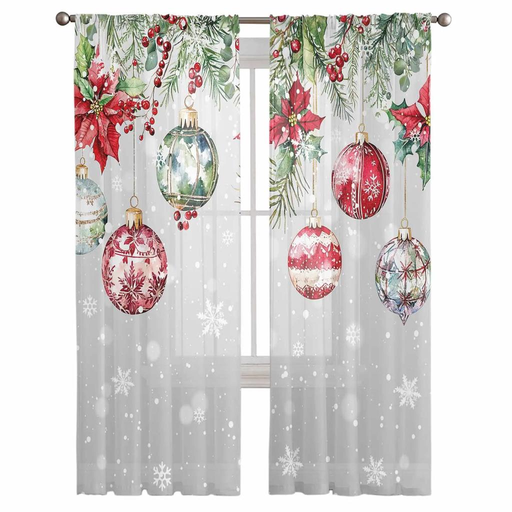 Christmas Poinsettia Berries Fir Leaves Sheer Curtains for Living Room Decoration Window Curtains Kitchen Tulle Voile Curtains