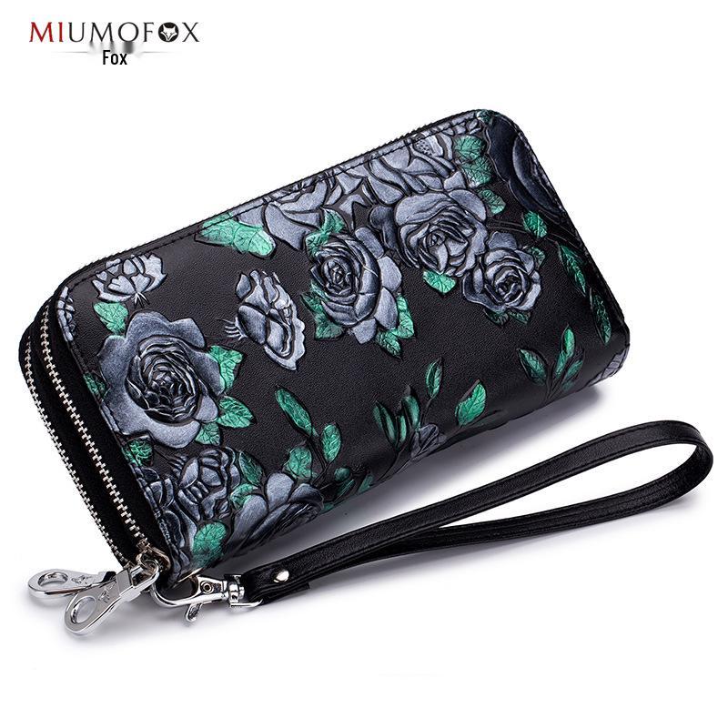 Rose Flower Ladies Genuine Leather Wallet – Double Zipper, Large Capacity, Multi-card Slots