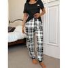 Retro Color Block Plaid Pajama Set: Women's Short Sleeve Round Neck Top & Long Pants, Comfortable Spring/Summer Home Wear
