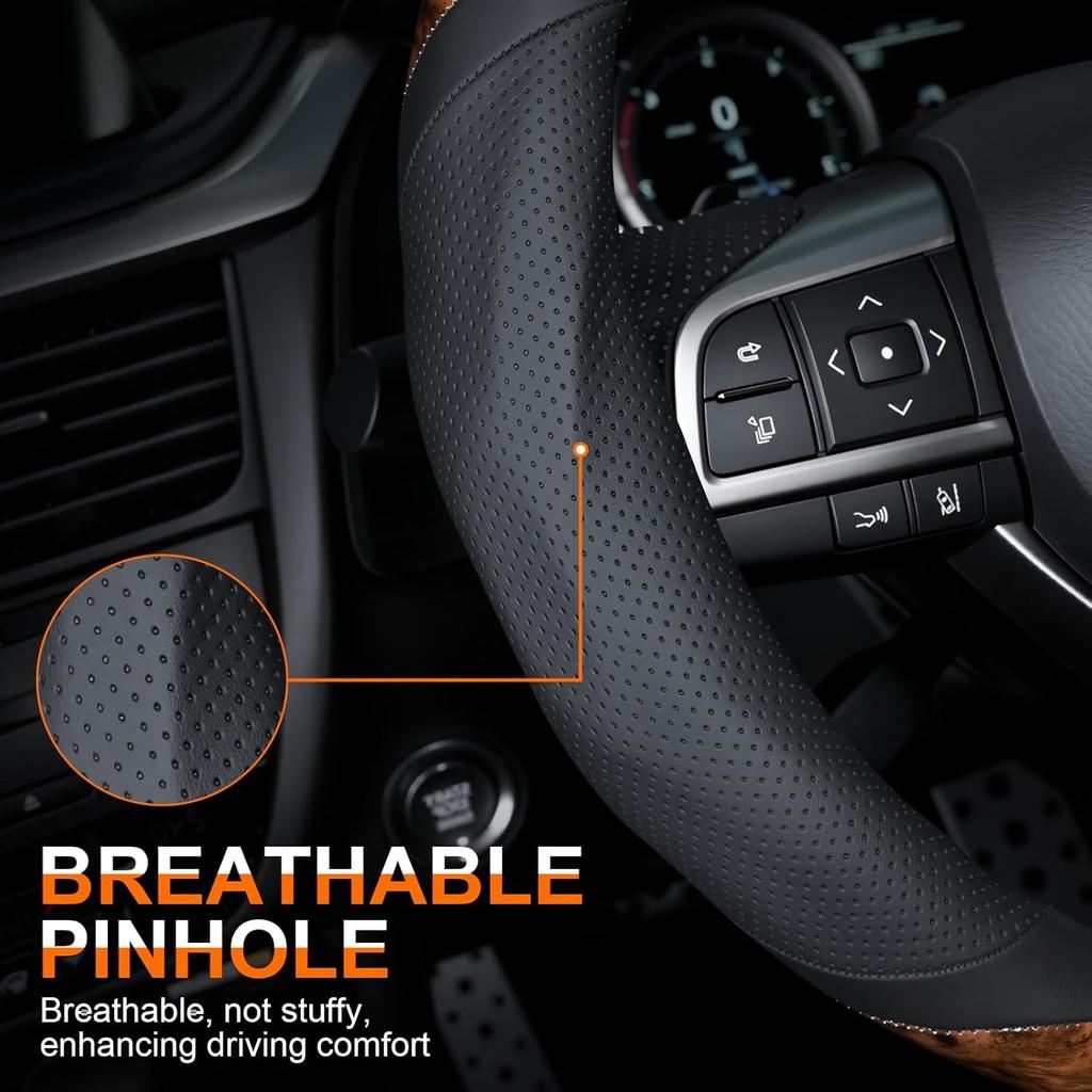 JUSTTOP Wood Grain Car Steering Wheel Cover, 14.5-15 Inchs Leather Steering Wheel Cover, Anti-Slip, Car Interior Accessories for Men Women, Universal