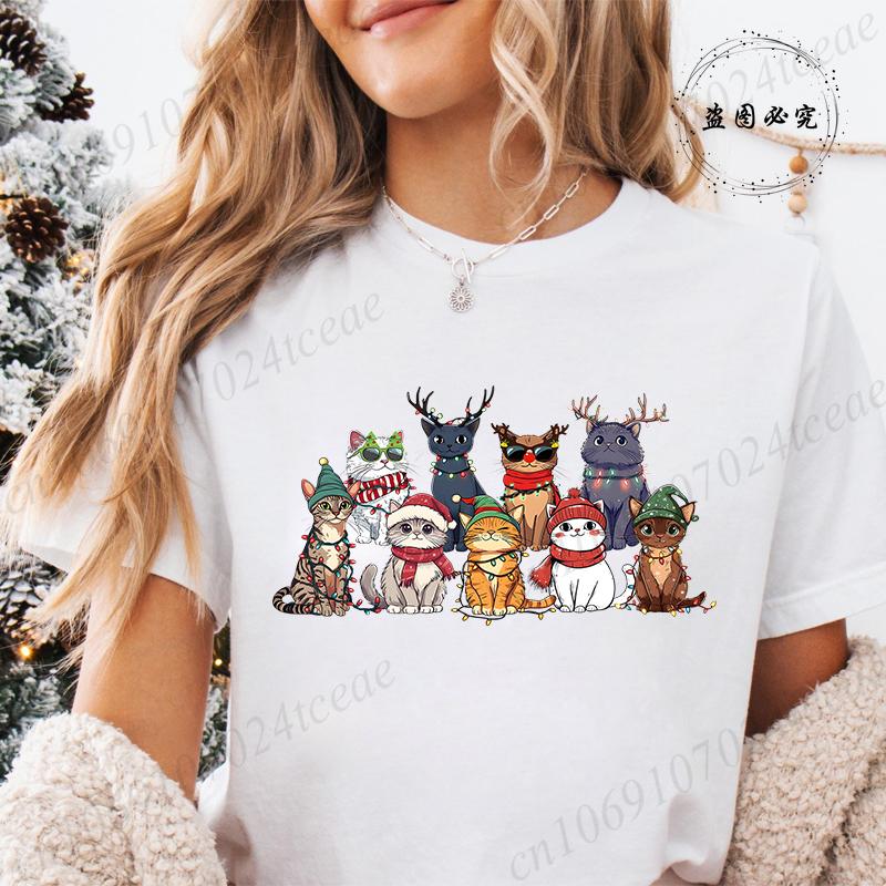 Funny Christmas Cat Women TShirt Xmas Cat Graphic TShirts Tops Short Sleeve Tees Casual Harajuku Street Tshirt Female Clothing