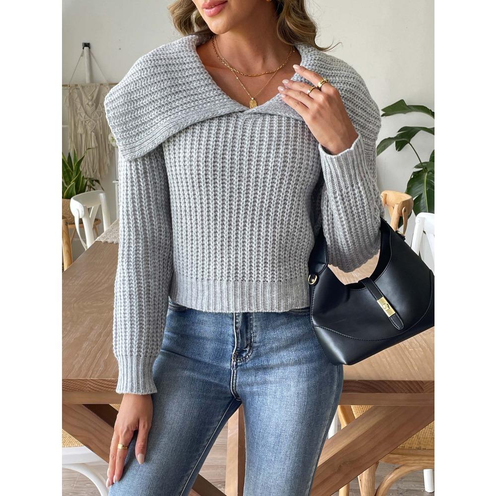 Women’s Cropped Top: New Autumn/Winter Knit Jumper with Large Lapel, Pull-Over Style