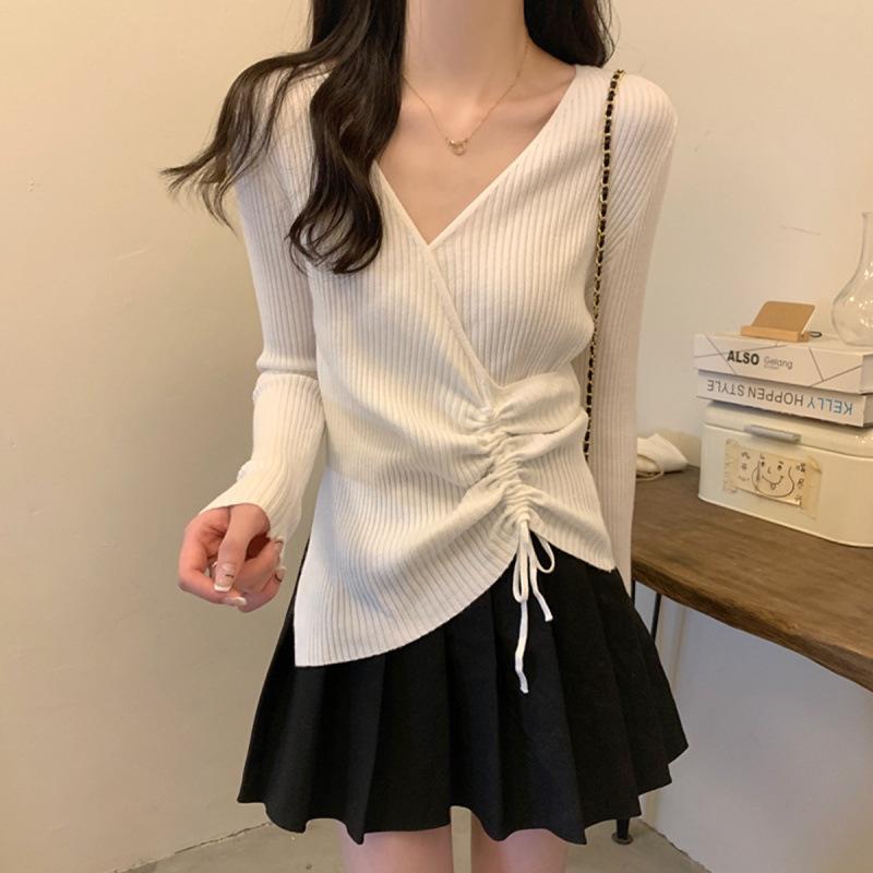 

Drawstring knitted sweater women s new slim-fit design top long-sleeved thin sweater with bottoming shirt inside one size fits all белый