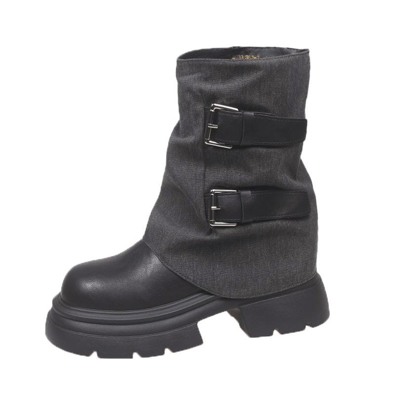 Design Sense Year Versatile Fashion Retro Belt Buckle Middle Boots Children's Autumn and Winter Color Matching New British Style