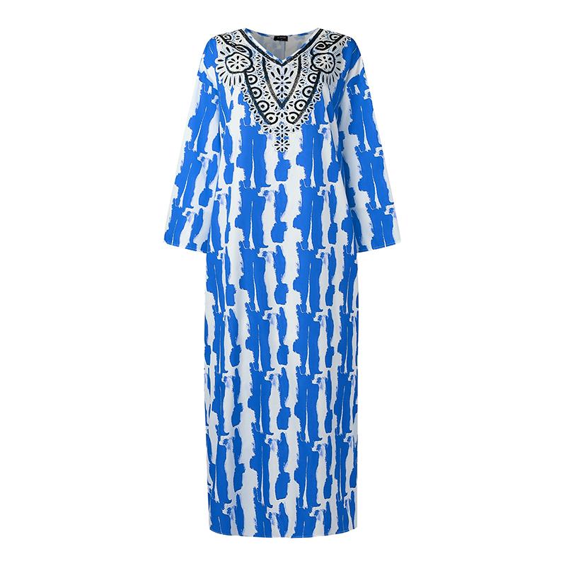 Oversized Women V Neck Long Sleeve Floral Print Casual Loose Maxi Kaftan Dress Robes