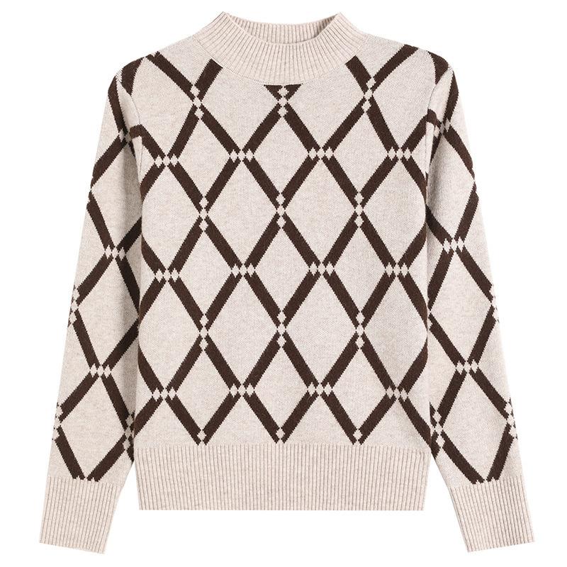 Half High Neck Sweater Women's Autumn and Winter Fashion Diamond Knit Sweater Top with Pullover Short Base Shirt