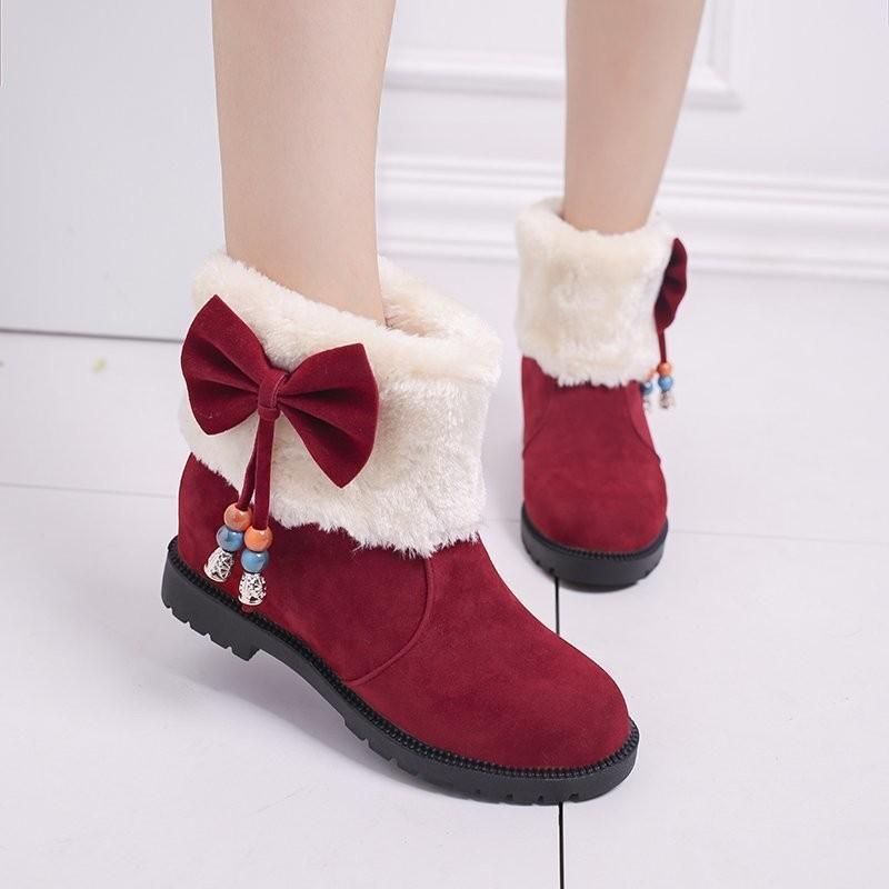 Winter Snow Boots Women's New Round Head Flat Bottom Bow Cotton Shoes Short Tube Velvet Student Women's Boots