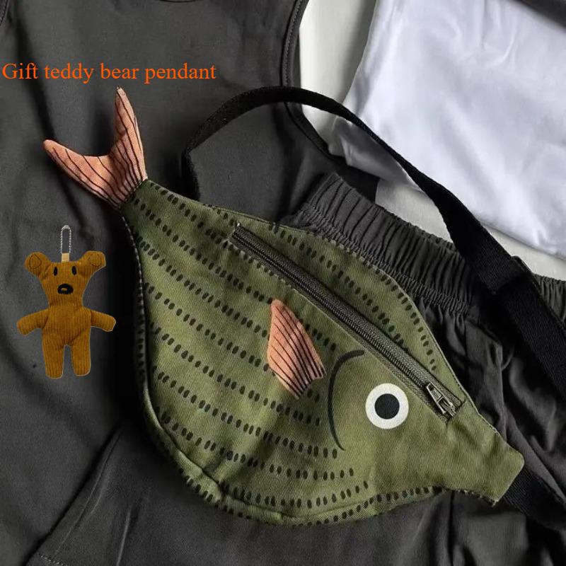 Fish Shape Canvas Messenger Bag Fashion Cute Embroidery Portable Zippered Small Purses Handbags Mini Crossbody Bag