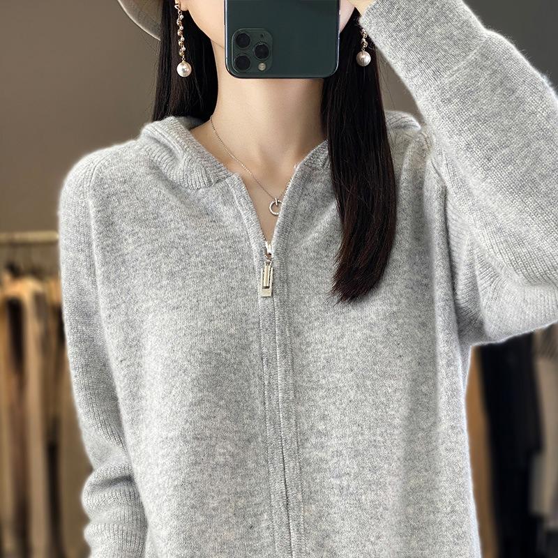 Zipper Long-sleeved Hooded Knitted Cardigan Women's Short Jacket Lazy Sweater Loose Casual Solid Color Top