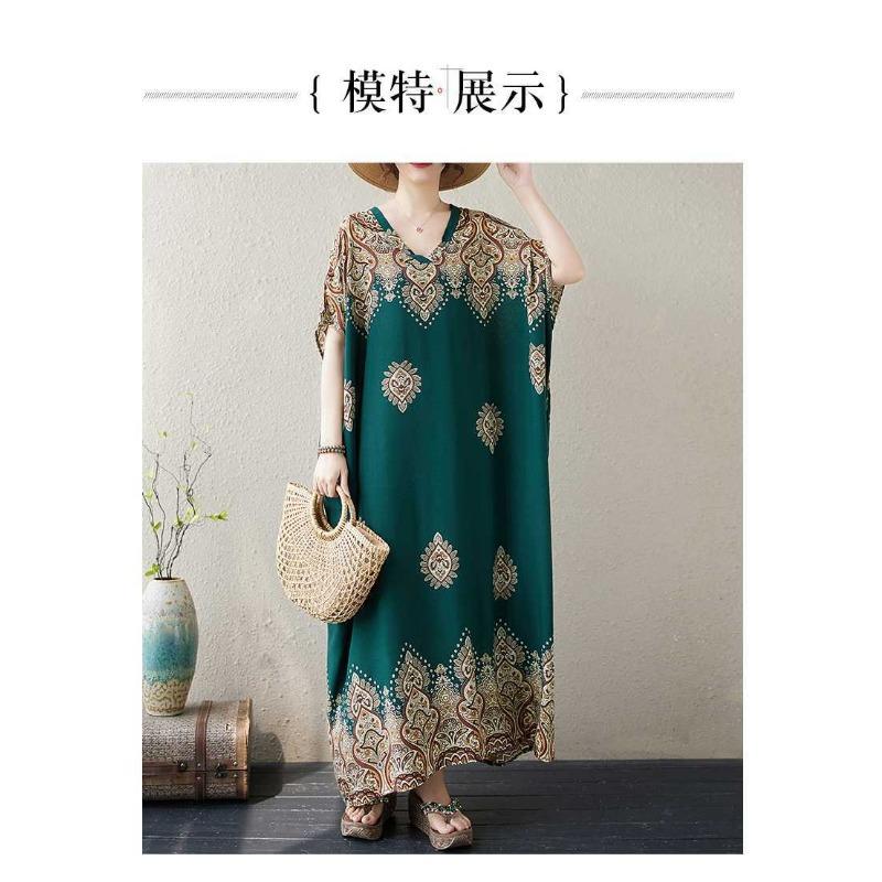 V Neck Fresh Floral Skinny Literary Vintage Bohemian Vacation Long Skirt