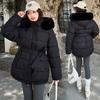 Women’s Short Big Fur Collar Hooded Windproof Thicken Warm Winter Jacket With Belt