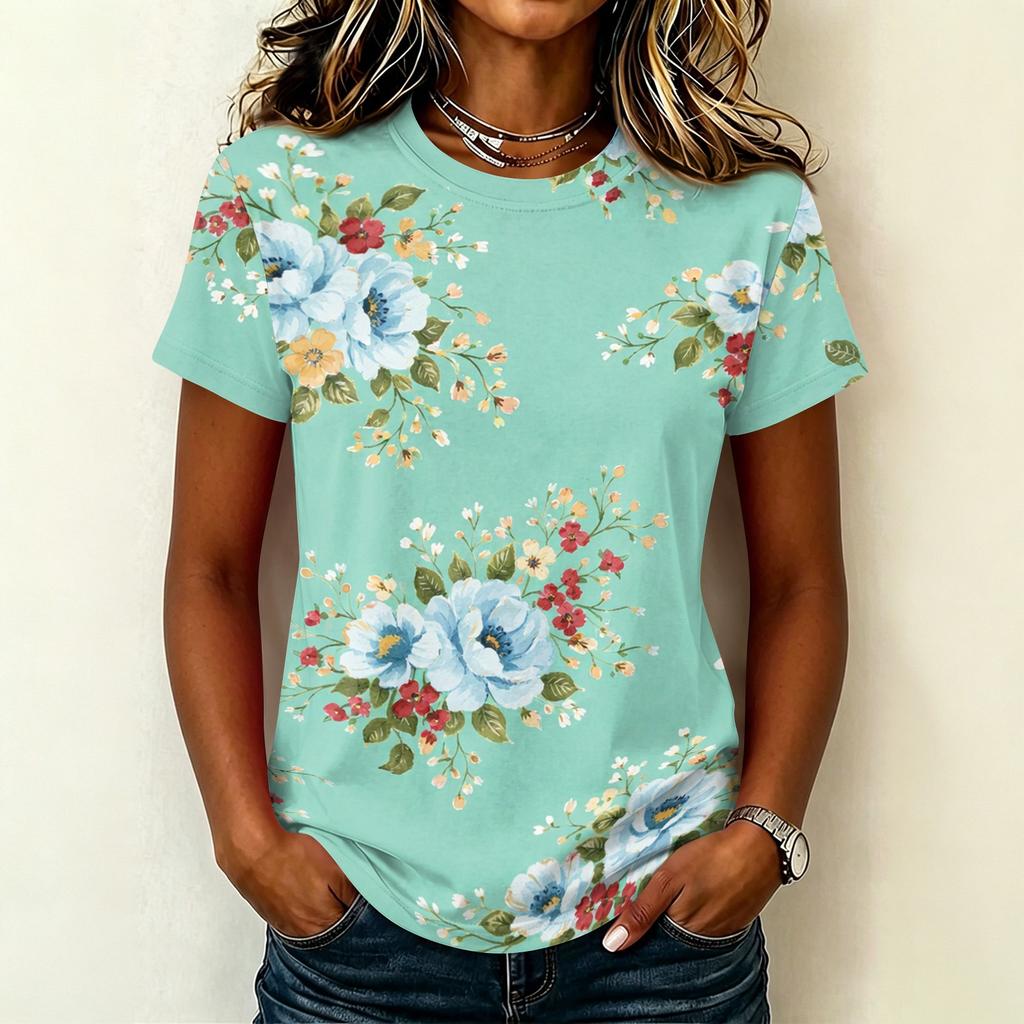 Women's Casual Pullover T Shirt Short Sleeve Round Neck Floral Print Top Lightweight Soft Fabric Relaxed Fit Tee for Everyday Wear