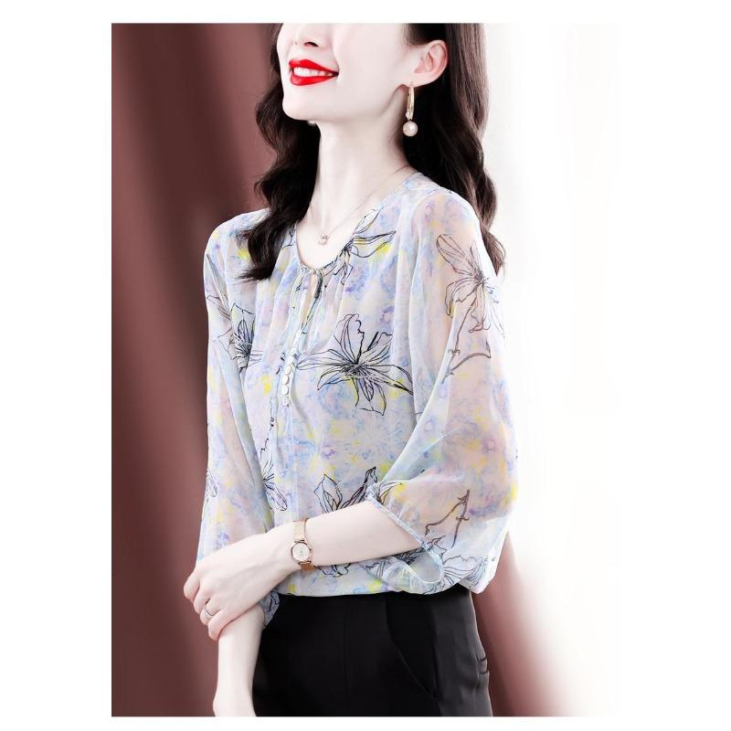 Female Spring/Summer New Korean Chiffon Shirt Top Fashion 3/4 Sleeve Printed Lace Up Bottoming Blouse S-4XL
