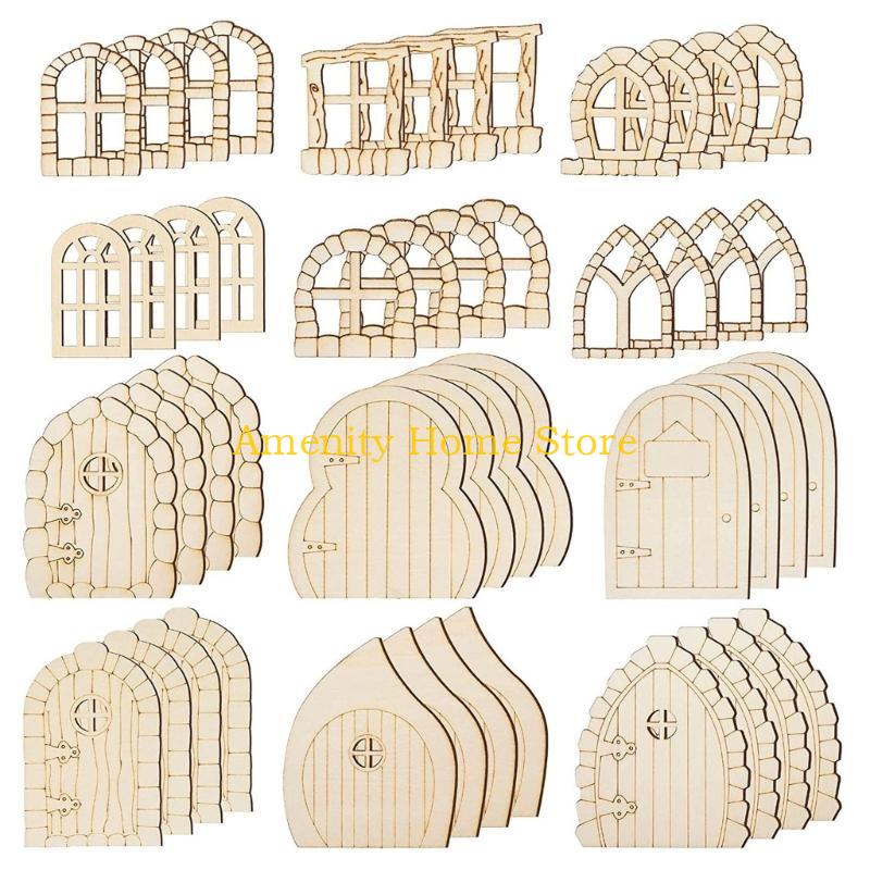 

F26C 48Pcs Fairy Door Garden Doors Mini Window Fairy House DIY Kits Unfinished