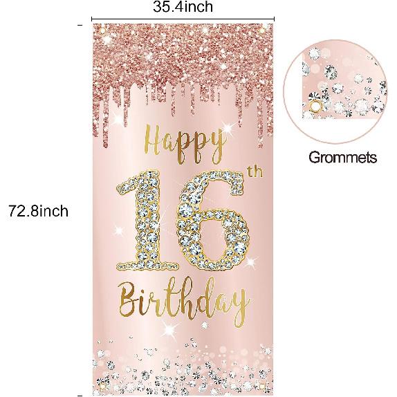 16th Birthday Door Banner Decorations for Girls, Pink Rose Gold Sweet 16 Birthday Door Cover Backdrop Party Supplies, Large Happy Sixteen Year Old