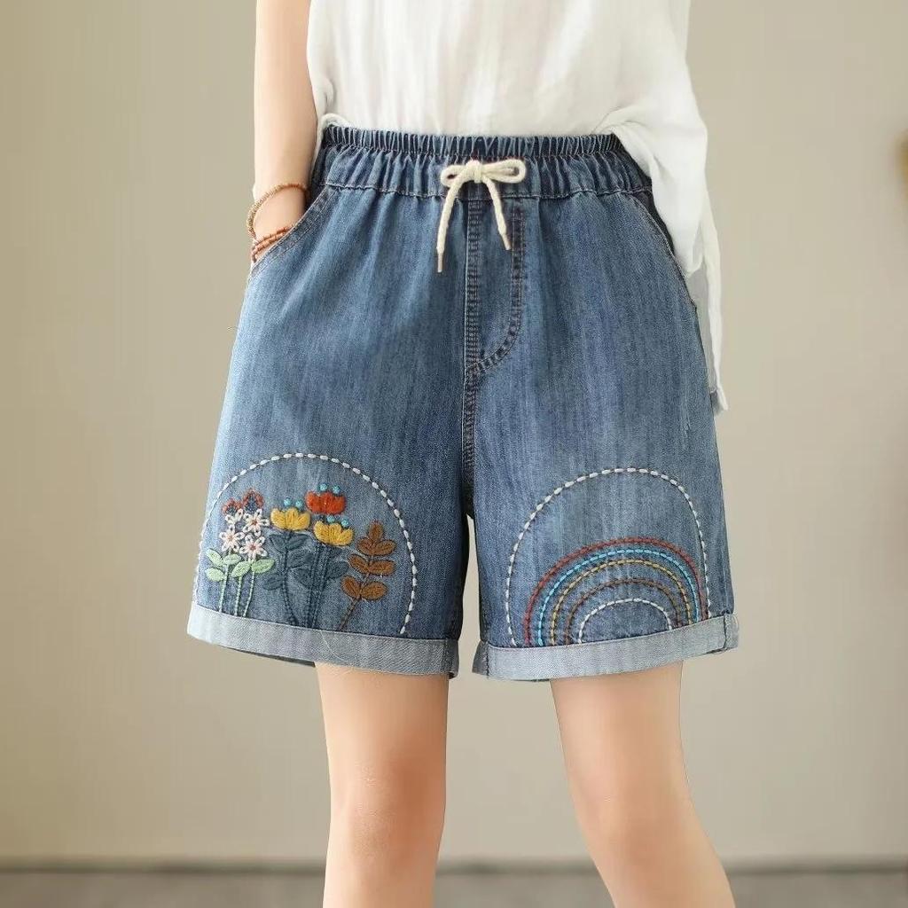 Japanese Denim Shorts Women's Summer Loose and Thin Retro Casual Embroidered Three-point Pants Wide-leg Pants