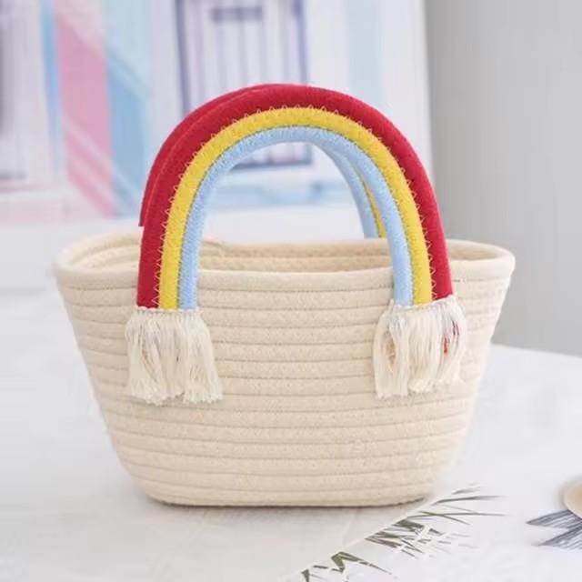 Handmade Cotton Rope Woven Handbag, Rainbow Cloud Pattern Storage Basket, Multifunctional Cosmetic Organizer Portable Picnic Fruit Basket