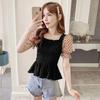 Women's Chic Summer Mesh Square Neck Top - Waist-Cinched, Slimming, Short-Sleeved Cropped Shirt
