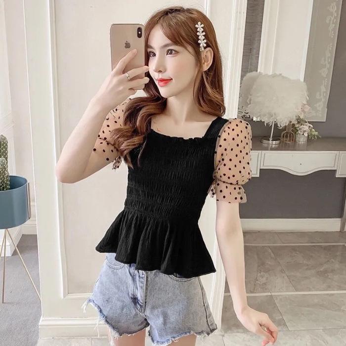 

Женский летний сетчатый топ с коротким рукавом и квадратным вырезом - Шикарная, приталенная, стройнящая укороченная рубашка Small