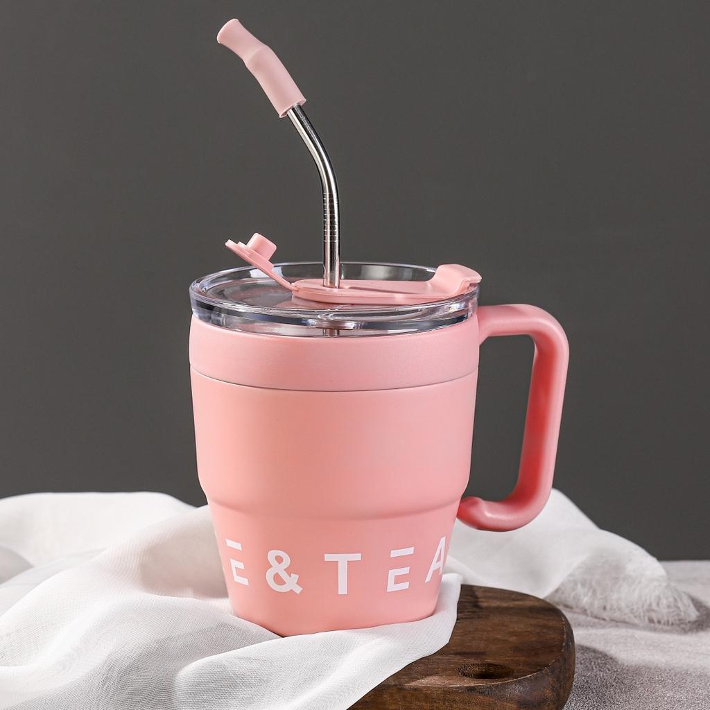 Wake Up Coffee Cup Handle Straw Cup Stainless Steel Coffee Cup Thermos Cup Men's and Women's Water Cups Office Mugs