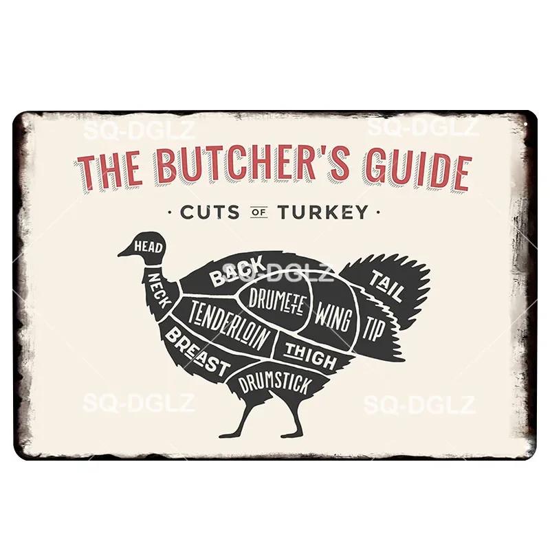 Hisun Tin Sign Vintage Butchers Guide Meat Cuts Metal Tin Sign Set Retro Butcher Shop BBQ Wall Art Decor for Kitchen Restaurant Bar Rustic Iro