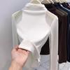 Women's Autumn/Winter Mesh Patchwork Off-Shoulder High Neck Long Sleeve T-Shirt with Brushed Fleece Inner Layer