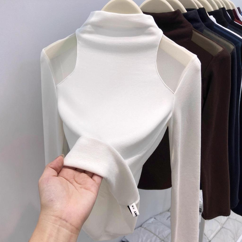 Women's Autumn/Winter Mesh Patchwork Off-Shoulder High Neck Long Sleeve T-Shirt with Brushed Fleece Inner Layer