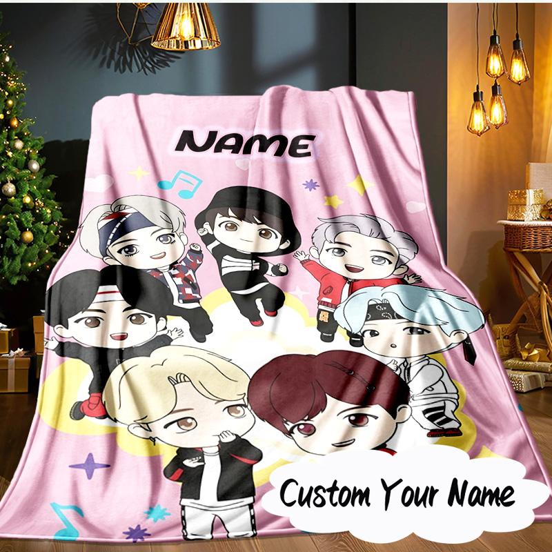 Custom Name Kawaii Stars K-pop Blanket Ideal Bedding Blanket Perfect for Travel, Camping, Living Rooms, Offices, Sofas, Fan Christmas gift