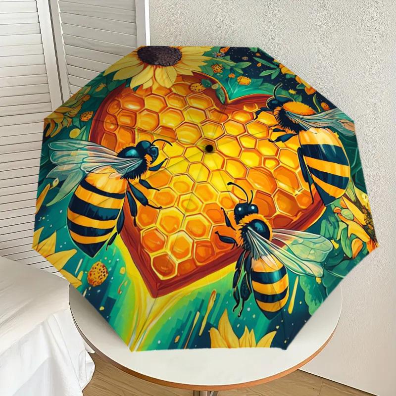 1pc Honeycomb Heart with Bees and Sunflowers Umbrella with Plastic Handle,Suitable for All Seasons Home Travel Outdoor UmbrellaDD1600
