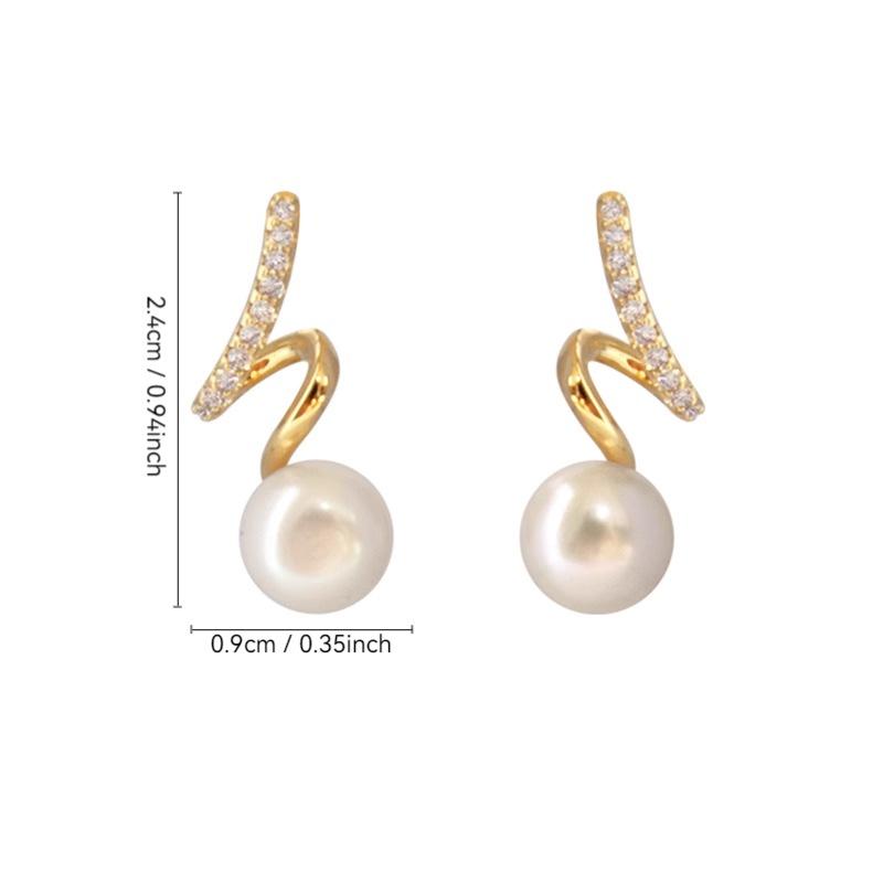 French Curve Gold Pearl Stud Earrings with Micro-inlaid Zirconia - 2025 Luxury Style