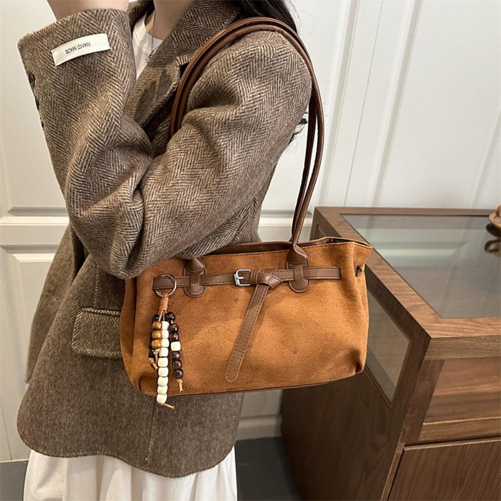 Stylish Vintage Shoulder Bag Large Capacity Imitation Suede Underarm Bag Solid Color Pendant Decoration Women's Handbag Women