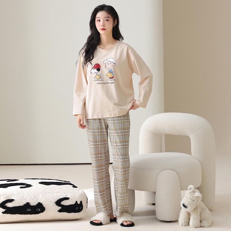 Pure cotton pajamas women's spring and autumn 1011 new autumn long-sleeved loose self-brought chest pad homewear tied foot set