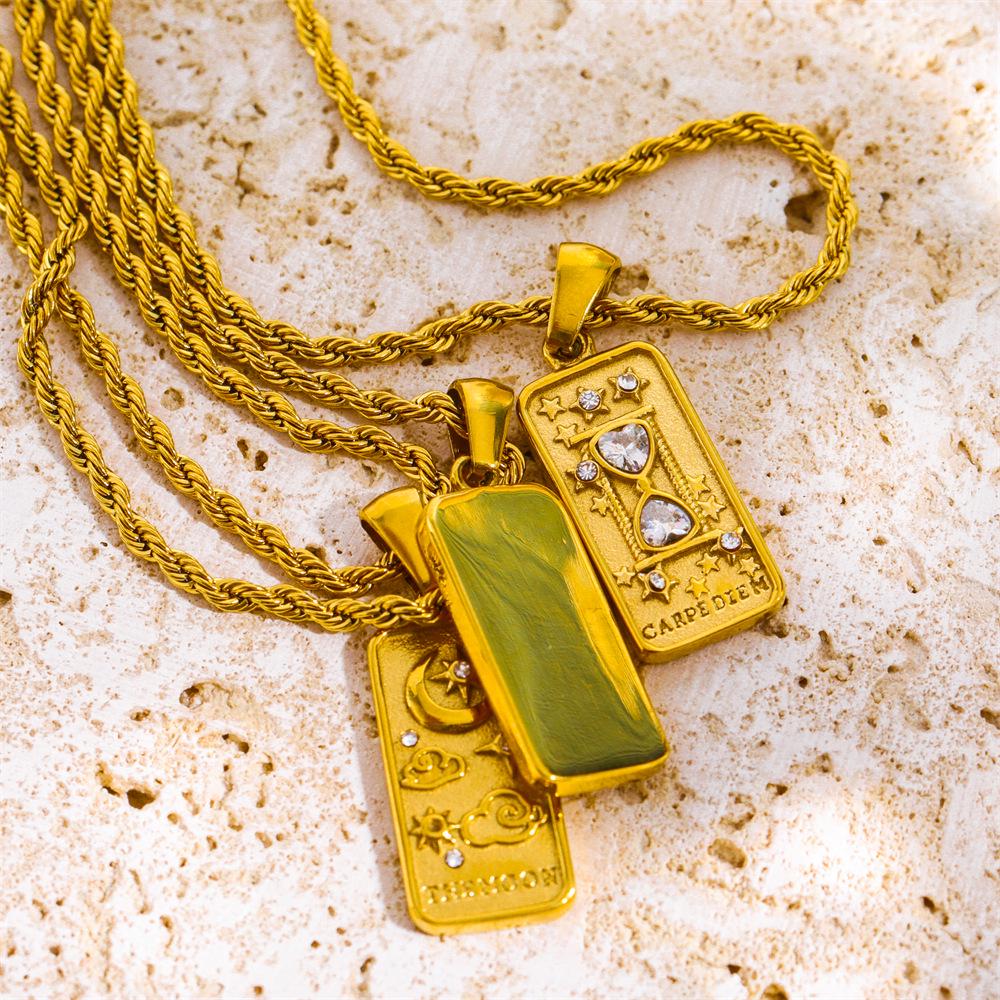 European Retro Tarot Card Pendant Necklace with 18K Gold-Plated Rope Chain