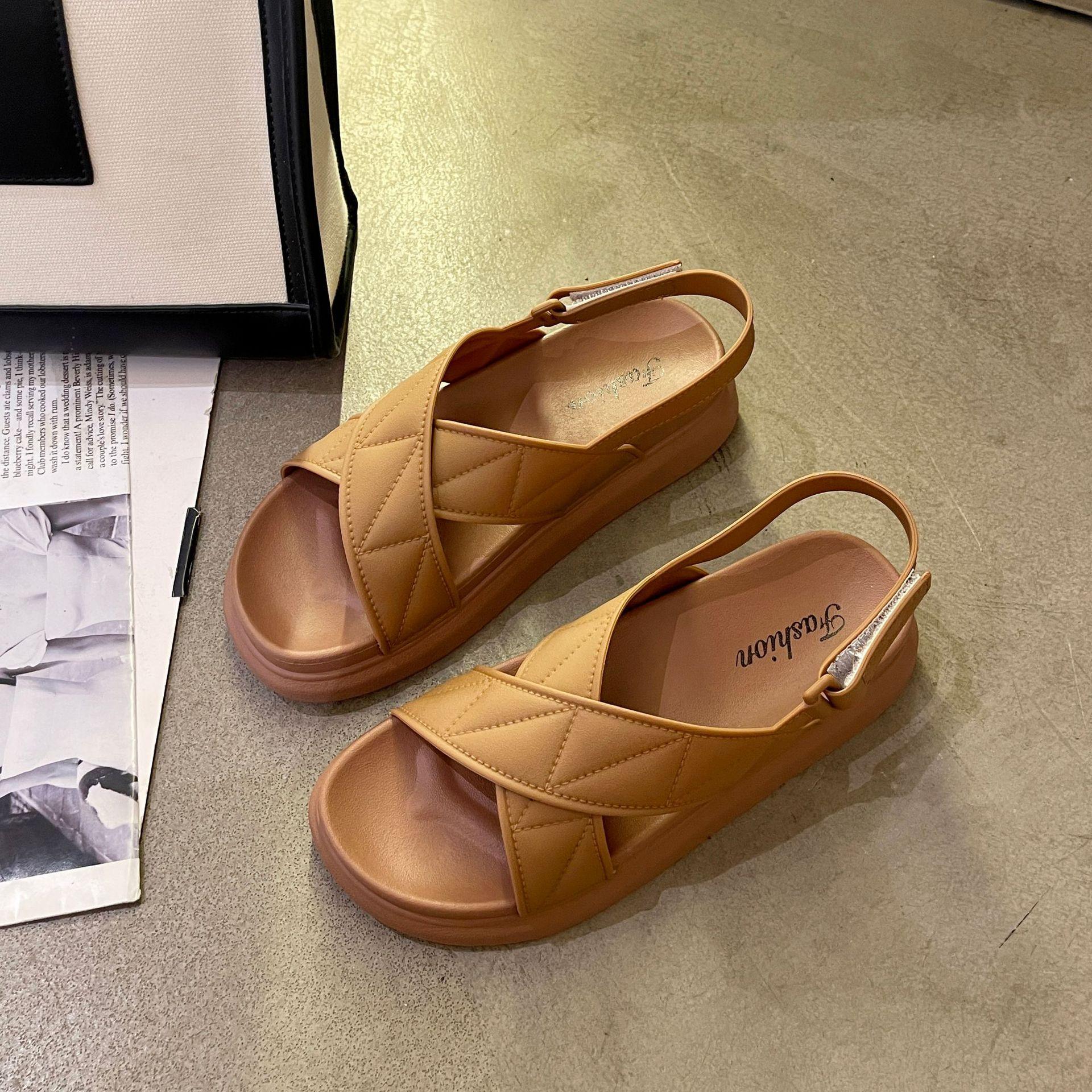 

Сандалии женские 2025 новые удобные сандалии с толстой подошвой простые модные сандалии на липучке для девочек на плоской подошве 40 коричневый