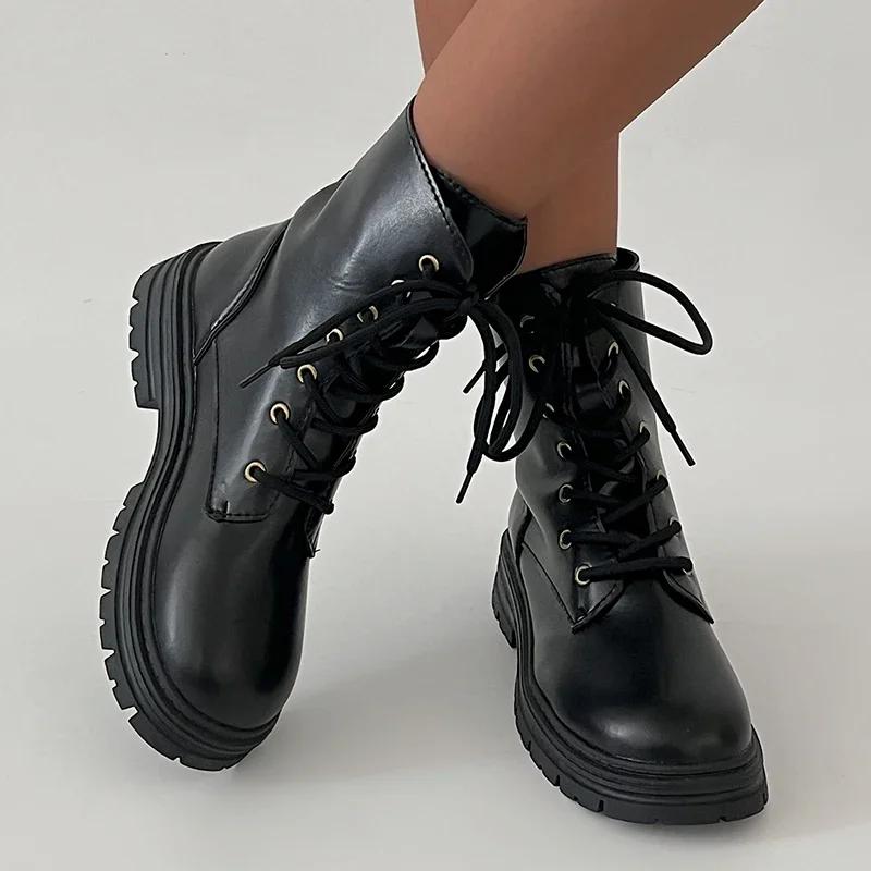 

Rimocy Черные женские ботильоны из искусственной кожи, на низком каблуке, на шнуровке, модные ботильоны, женские, нескользящая платформа, ботинки-комбаты, женские ботинки 2025 40 чёрный