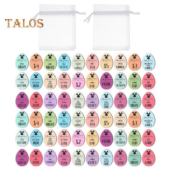 30/60Pcs Wooden Easter Egg Tokens Set with Gift Bag 30 Different Engraved Sayings Easter Bunny Basket Stuffer Reusable Positive Rewards Easter Party