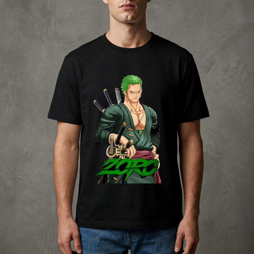 Men's High - Quality Soft Fabric Anime T - Shirt, One Piece Roronoa Zoro Three Sword Style Green Kimono Graphic Print Casual Tee