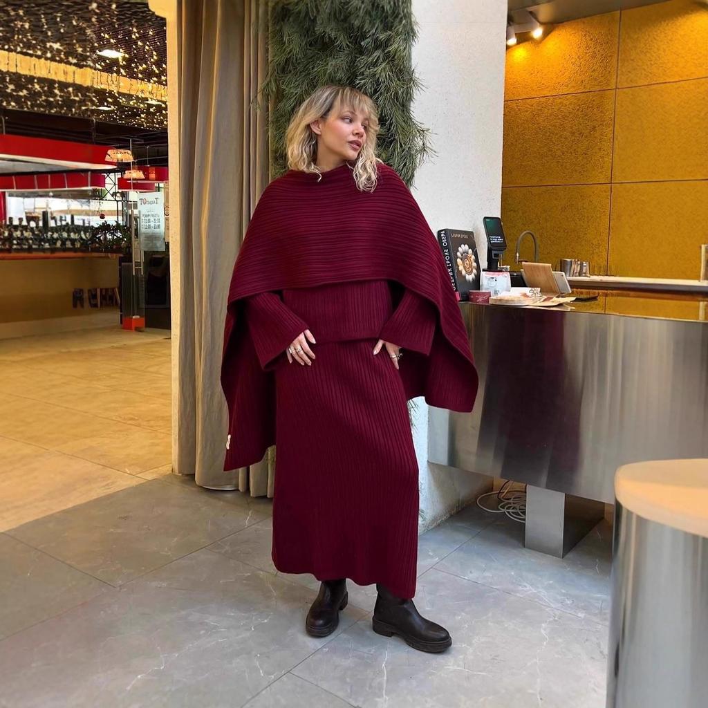 European and American autumn/winter solid color crew neck cable knit sweater set, women's loose knit sweater, wide-leg pants, scarf three-piece set